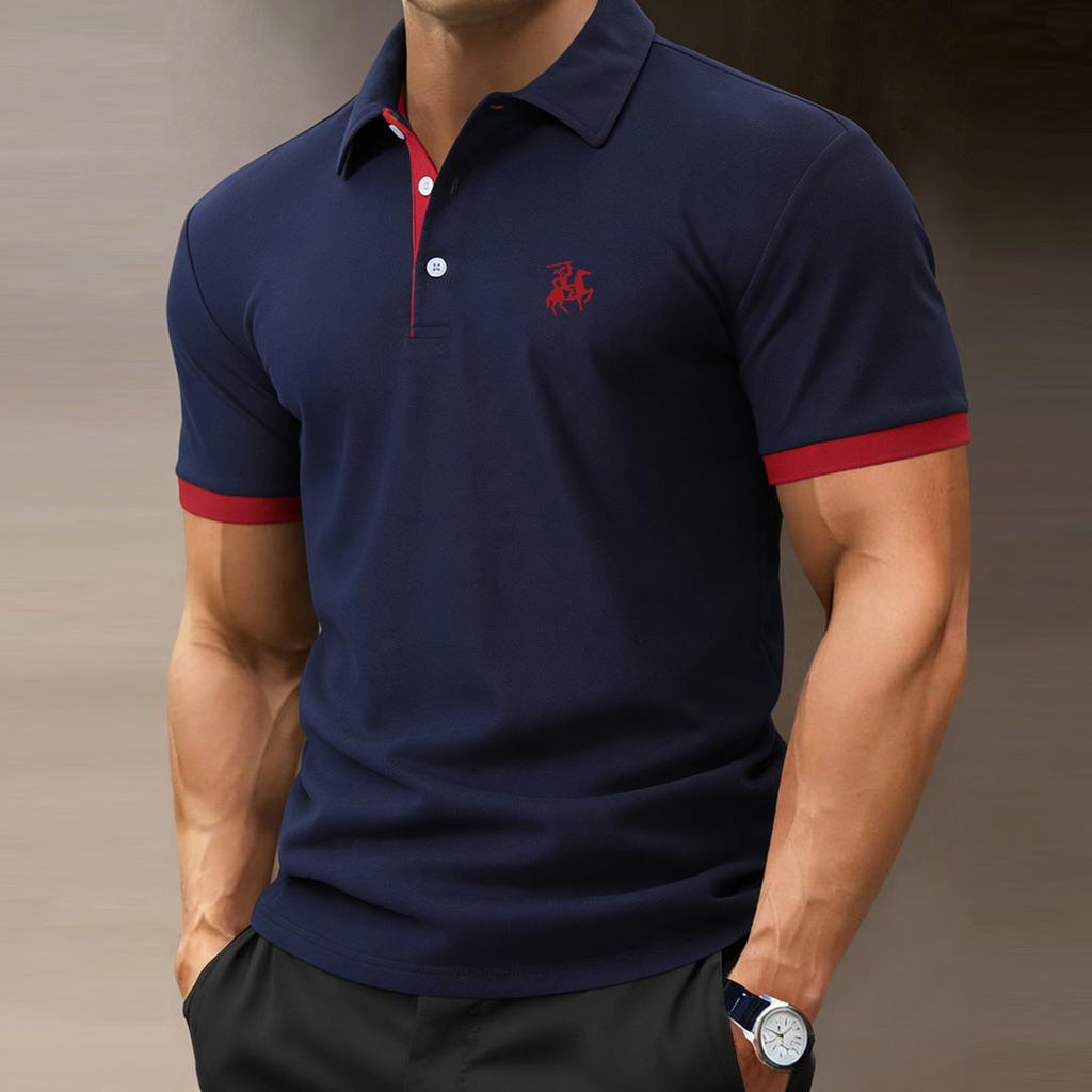 Men's Casual Polo Shirt for Vacations-3button collar, stylish color-blocked cuffs, lightweight and soft—trendy outdoor wear