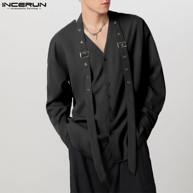 INCERUN Men V Neck Long Sleeve Patchwork Button Up Casual Loose Shirts