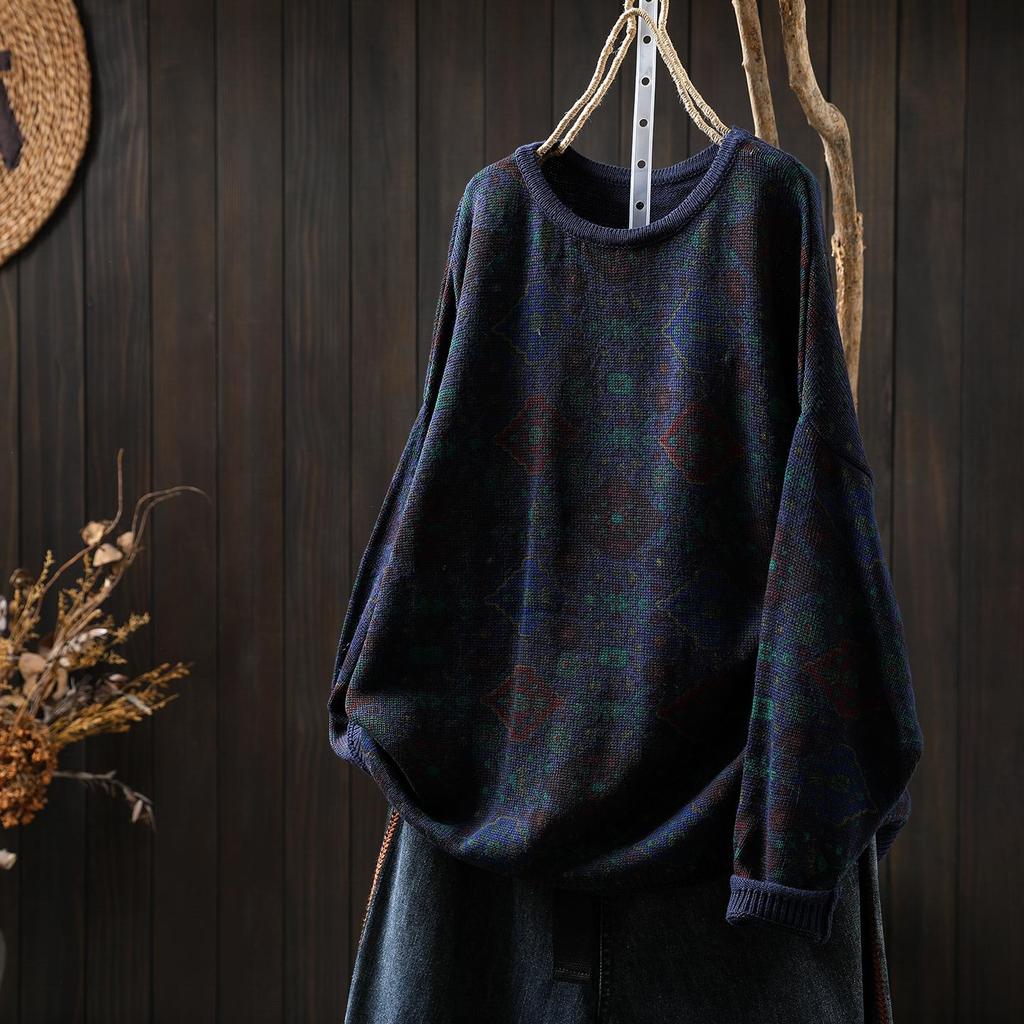 2025 Retro Ethnic Print Plus Size Women's Cotton Knit Sweater for Fall/Winter