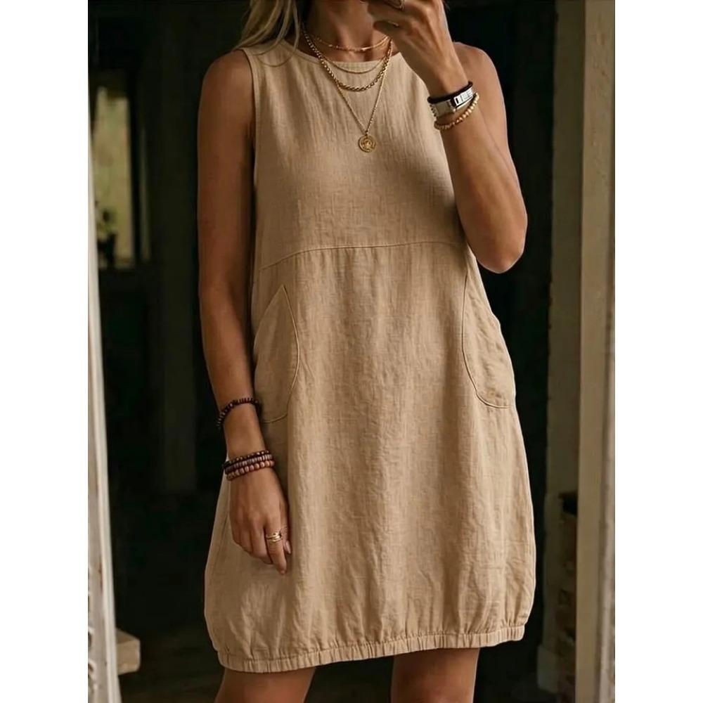 Women's Round Neck Sleeveless Side Pocket Solid Linen Loose Fit Casual Midi Dress