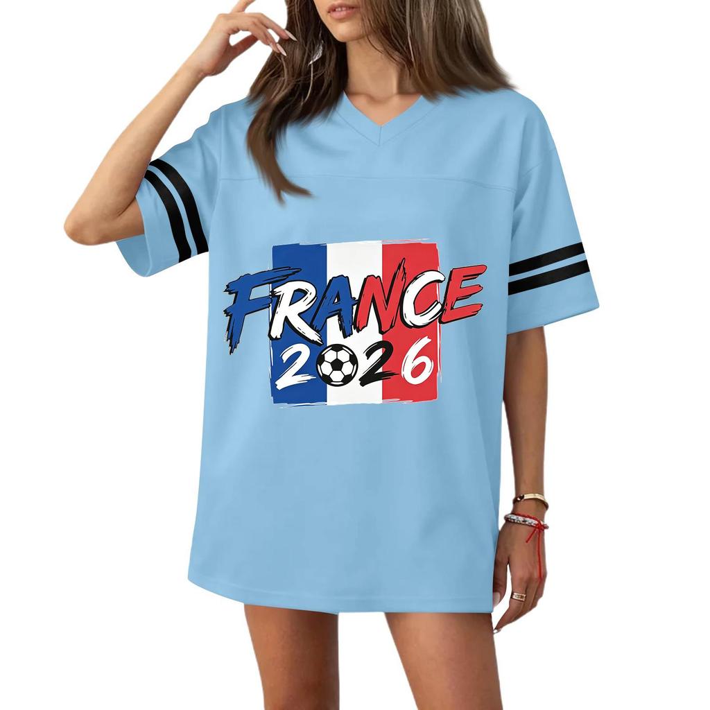 Women V Neck Short Sleeve Loose Fit Sports T Shirt with Flag Graphic and Number Print for Casual or Athletic Wear 2026