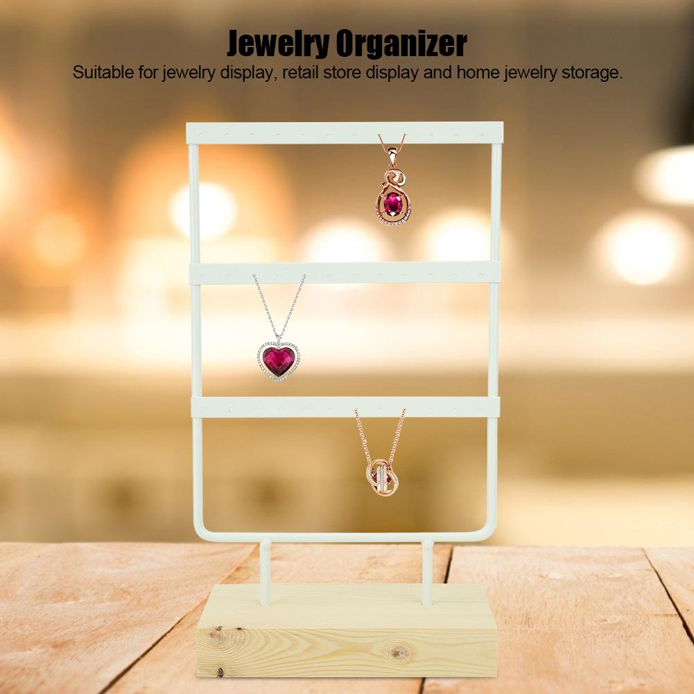 Estante de Metal para Almacenamiento de Joyería de 36 Agujeros Soporte de Exhibición Organizador de Aretes Collar con Base de MaderaBlanco
