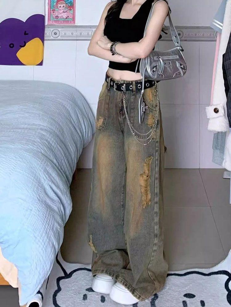 

Washed Design Sense Niche Broken Hole Jeans Women Loose Large Yard Straight Straight Drag Floor Wide Leg Long Pants Jeans for Women Long Denim Pants 4XL