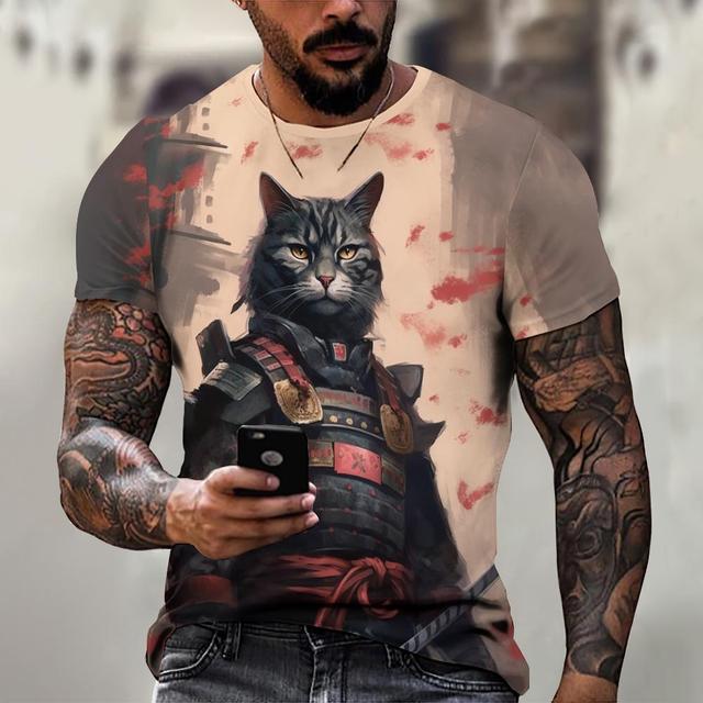 Animal T-Shirts For Men Summer Short Sleeve Tee Japanese Samurai Pattern Print Oversized Clothing Fashion Casual Streetwear