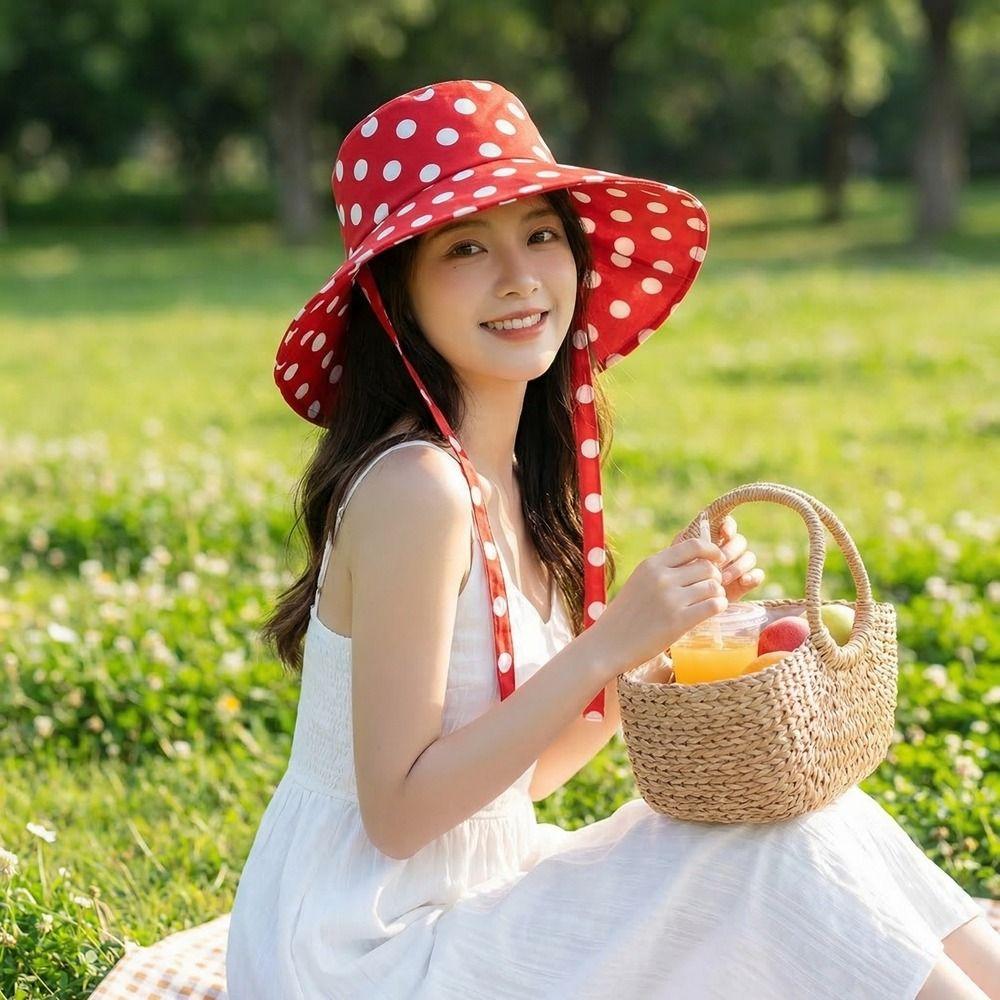 Polka Dot Ribbon Summer Sun Hat Lace Bucket Hat Fashion Sunshade Hat  Girl