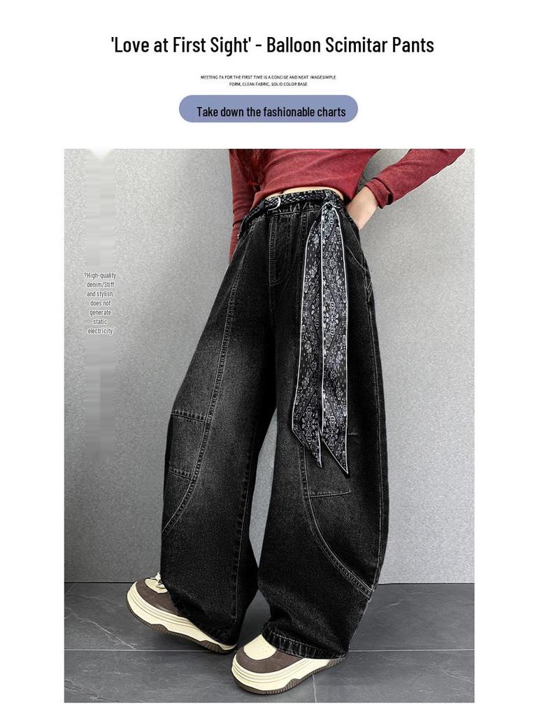 Autumn 2025 Girls' Wide-Leg Scimitar Jeans - Casual Long Pants for Kids