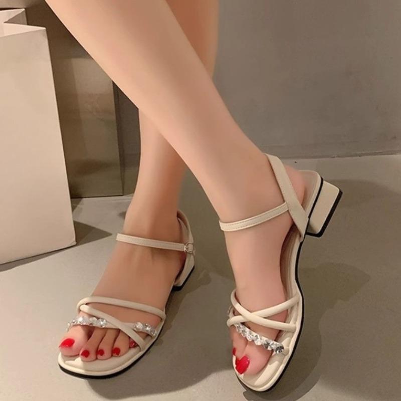

New Style Shoes Water Diamond Sandals Thick Heels One-shoulder Shoes 40 бежевий