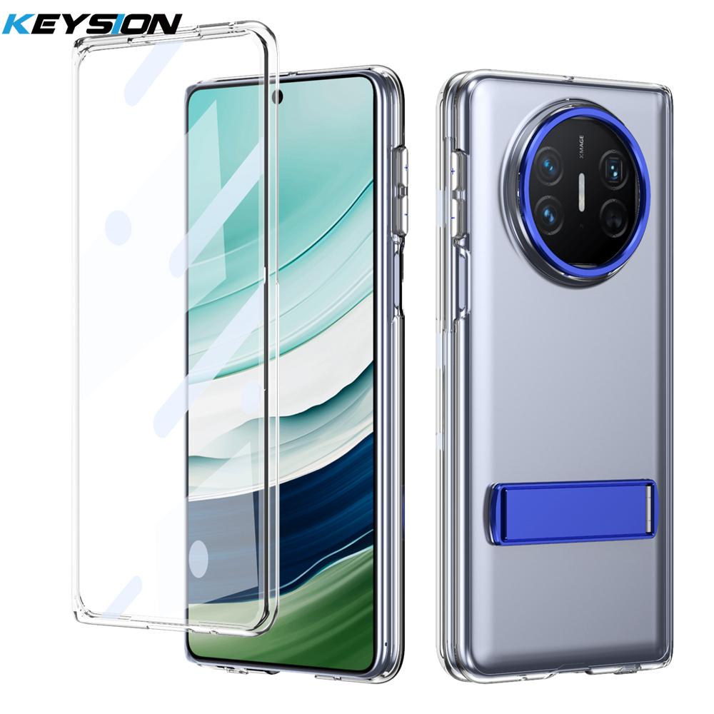 

KEYSION Прозрачный чехол для Huawei Mate X6 X5 X3 Жесткий ПК Металлическая подставка Противоударная крышка для телефона со стеклянной защитной пленкой для экрана for Huawei Mate X3 синий