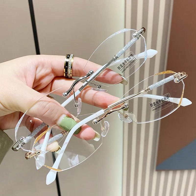 Rimless Diamond Cutting Reading Glasses Blue Light Blocking Presbyopic Eyewear Optical Prescription Far Sight Eyeglasses Diopter