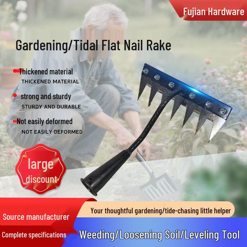 Steel Six-Tooth Weeding Hoe and Rake - Farm and Garden Soil Loosening Tool