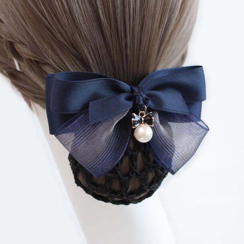 Vocational Nurse Head Flower Mesh Pocket Hairpin Silk Yarn Pearl Pendant Bow Stewardess Bank Disc Hair