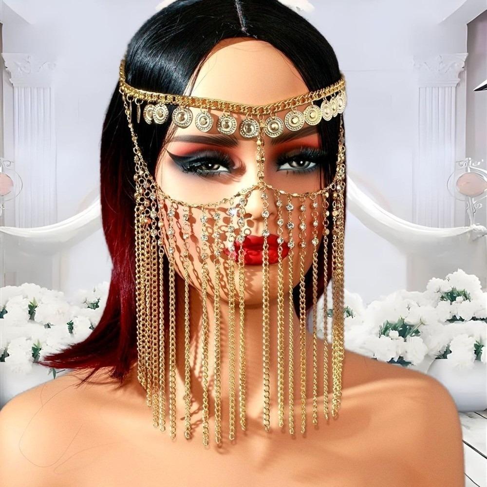 Rhinestone Belly Dance Face Veil Coin Bell Masquerade Mask Fashion Curtain Head Chain Women
