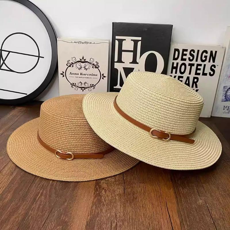 Flat top straw hat women's summer sunshade sunscreen hat vacation style straw hat top hat travel seaside beach hat