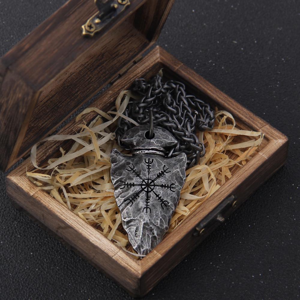 Viking Vegvisir Pendant Necklace Iron Color with Stainless Steel Chain Helm of Awe Spear Design Mens Gift