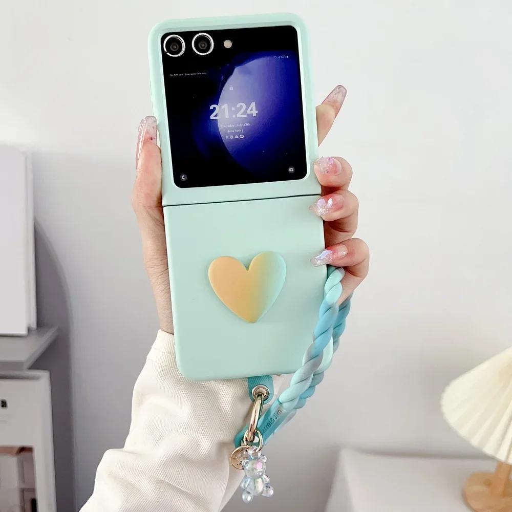 Luxury Candy Color 3D Love Heart Matte Phone Case for Samsung Z Flip 7 6 5 Gradient Bear Wristband Lanyard Shockproof protect Cover Samsung Flip7