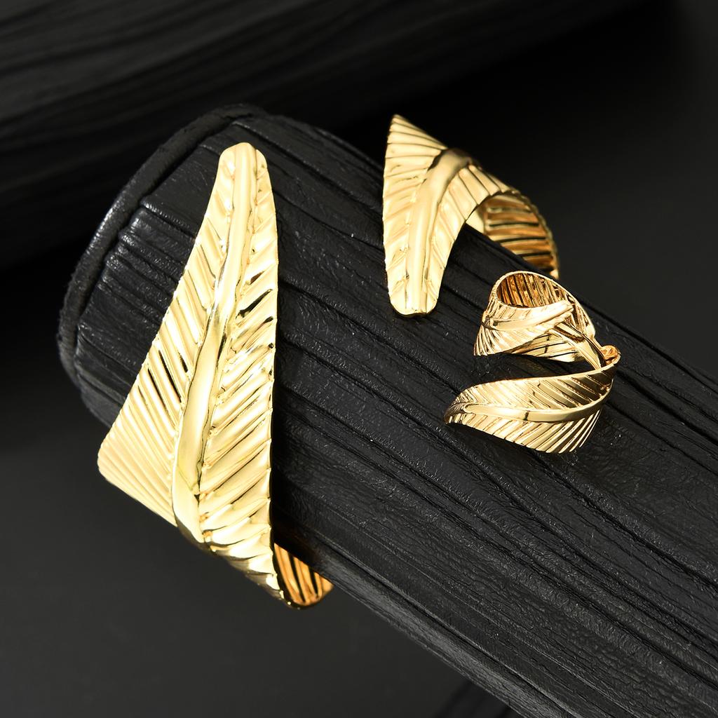 2Pcs/set Geometric Irregular Leaf Cross Bracelets Rings For Women Fashion Gold Color Openning Jewerly Sets Female Party Gift New