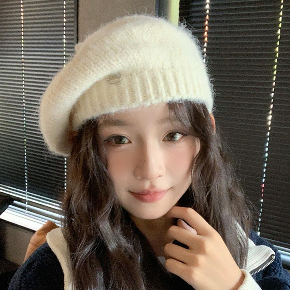 Warm Knitted Berets Hat Retro French Artist Hat Winter Octagonal Cap for Women белый