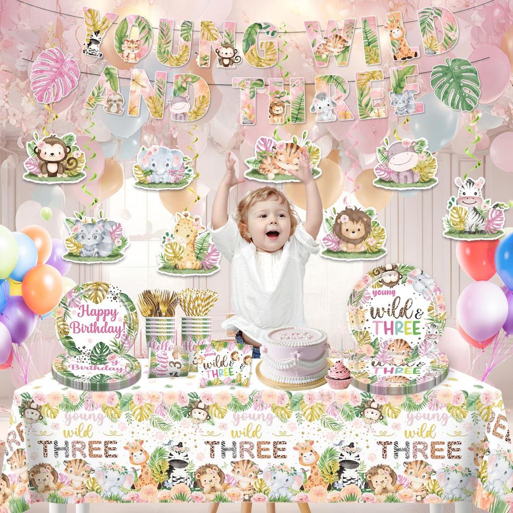 138pcs Young Wild and Three Party Decorations Plate, Safari Wild and Three Party Decorations Plate Napkins Tablecloth Banner for Jungle Young Wild