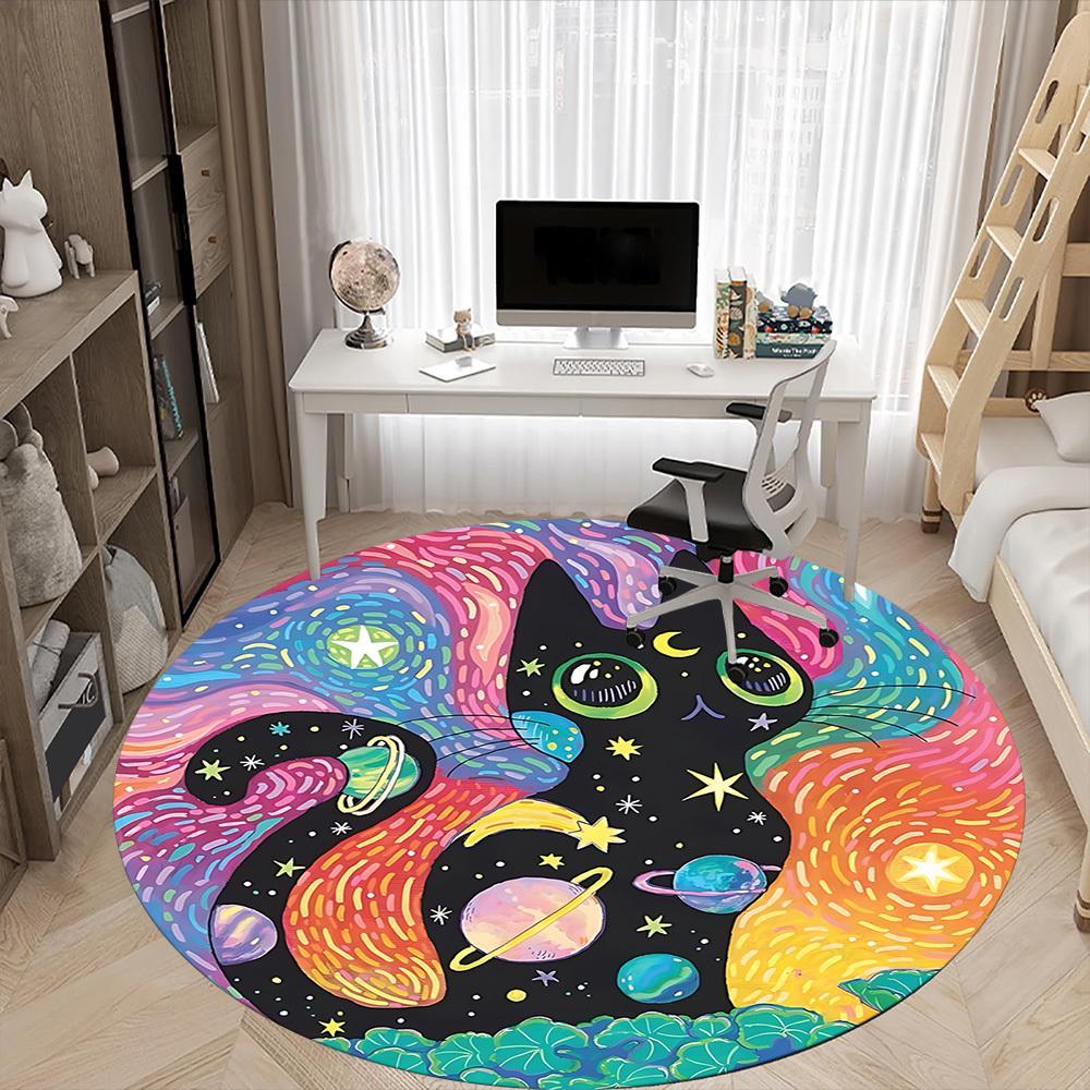 1PC Galaxy Cat Office Round Area Rug, Mat Suitable ForOffice, Under Office Chairs Bedroom Living Room Home Decor, Room Deco