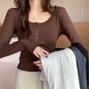 Women Long Sleeve Round Neck Slim Fit Button Casual Base T Shirt