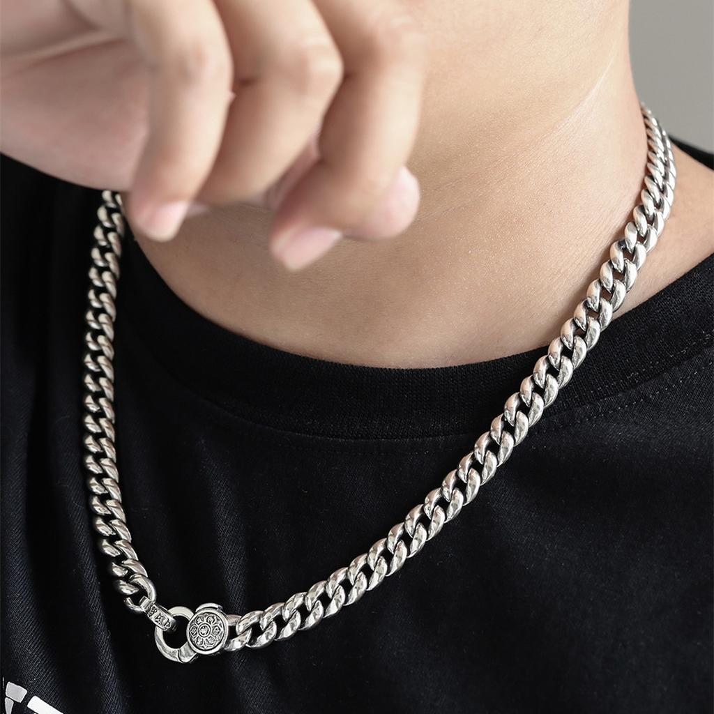 Silver Color Six-character Mantra Necklace Korean Version of The Personality Men's Retro Fashion Rough Trendy Silver Pendant Chain