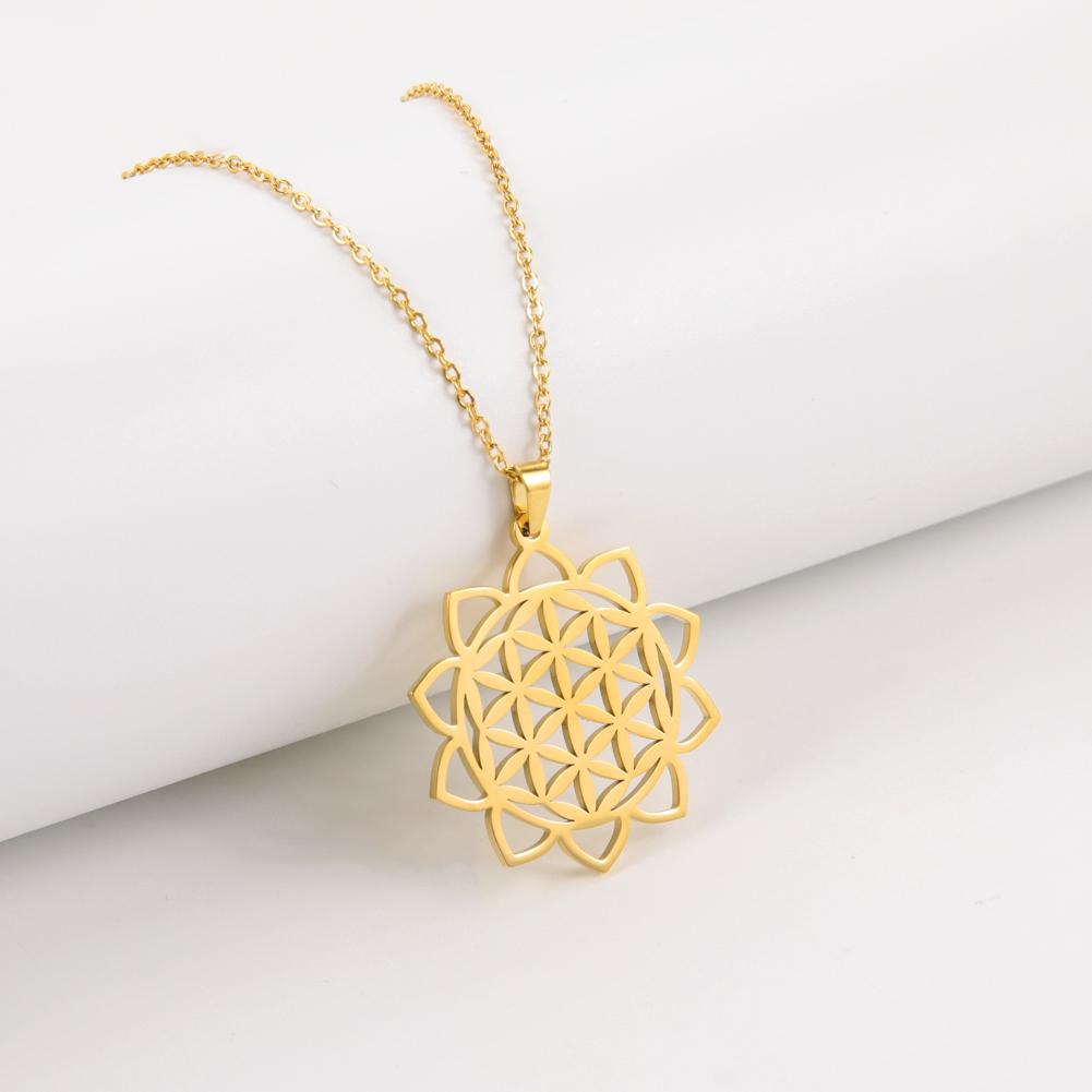 LIKGREAT Flower of Life Pendant Necklace for Women Mandala Chakra Hollow Stainless Steel Charms Jewelry Geometry Amulet Gift