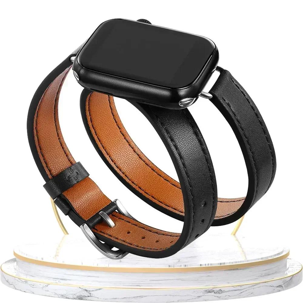 

high quality leather loop For Apple Watch band women 10/9/8/7/6/5/4/3/2/1 SE 38mm 40mm 41mm 42mm 44mm 45mm 46mm 49mm Strap 38 40 41mm S10-42mm чорний