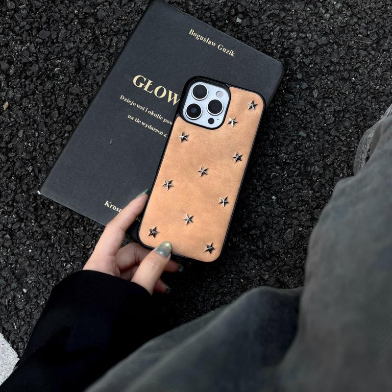 Cool Black Leather 3D Star Phone Case with Lanyard for iPhone 14/15/16 Pro/Pro Max