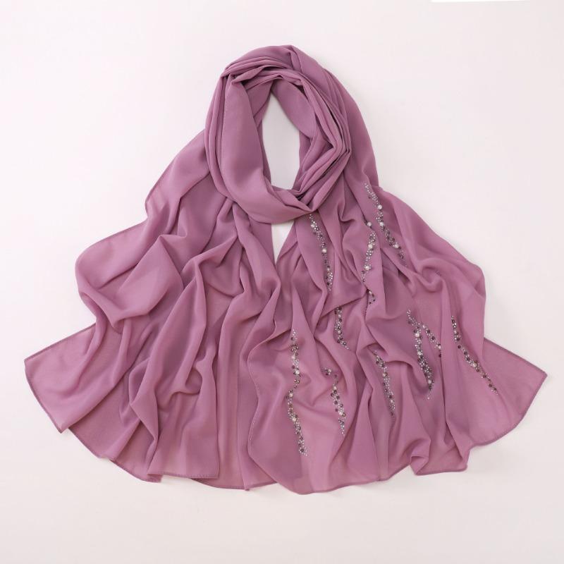 Chiffon Long Scarf With Rhinestones Beads Ethnic Headscarf For Women