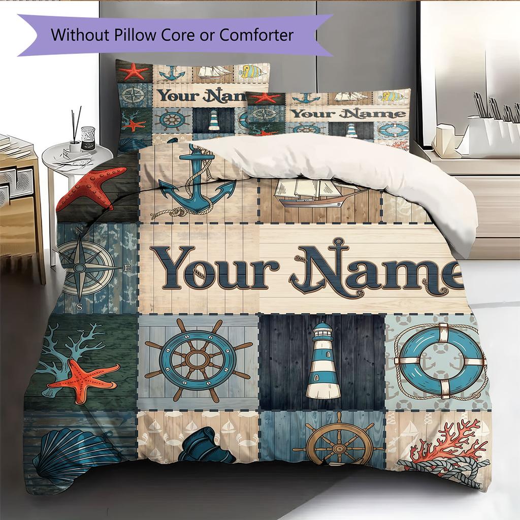 Custom Name,Nautical Ocean Pattern Bedding Home Decoration Birthday Gift ( 1 Duvet Cover + 2 Pillowcase, Without Core),fan Merchandise.