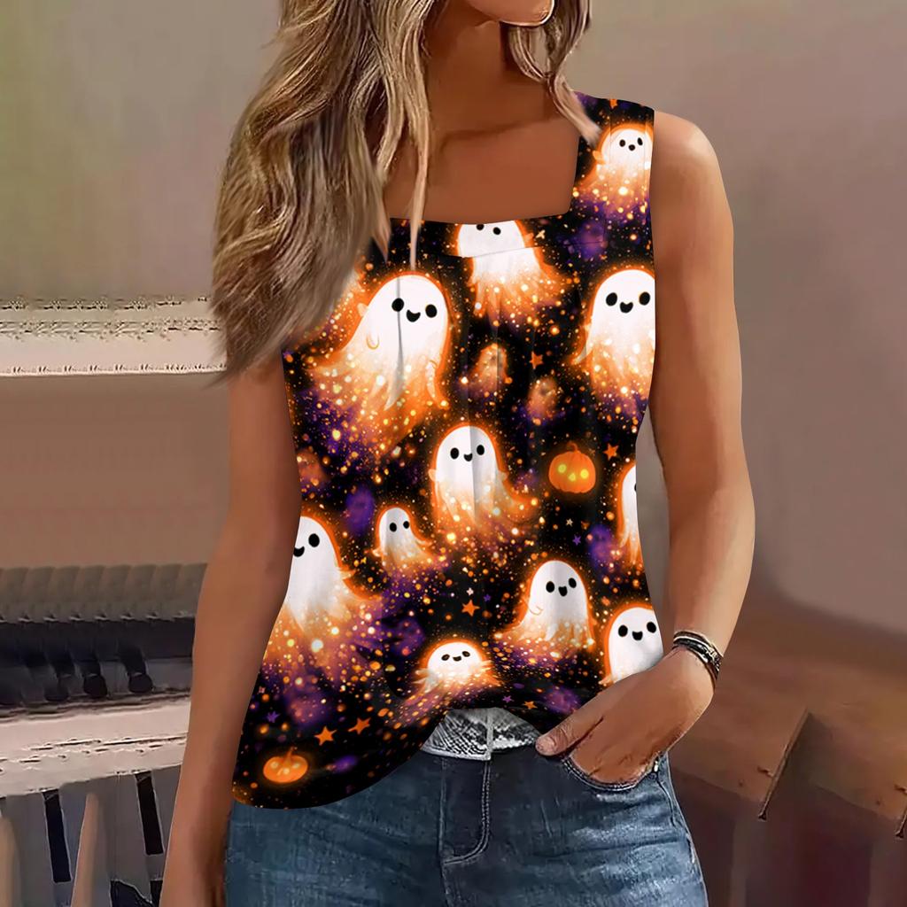 Women Sleeveless Tank Top Square Neck Ruffle Detail Halloween Print Casual Summer Vest Shirt for Daily Wear