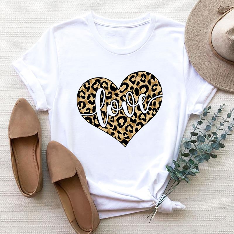 European size Women Leopard Love Heart Trend Cute 90s Clothing Print Tee Top Fashion T Shirt Woman Female Short Sleeve Graphic T-shirts