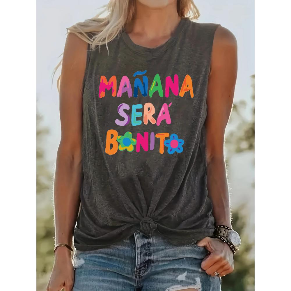 

Women s round neck loose sleeveless T-shirt, a large streetwear with the words morning, casual, and summer printed on it 5XL