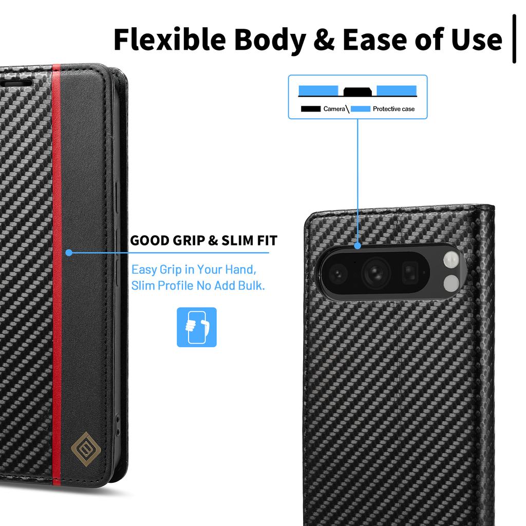 LC.IMEEKE For Google Pixel 9/Pixel 9 Pro Magnetic Case Carbon Fiber Texture Phone Wallet Cover