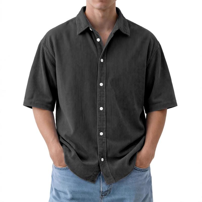 Mens Corduroy Short Sleeve Button Down Shirt Casual Spread Collar Solid Color Loose Fit Top