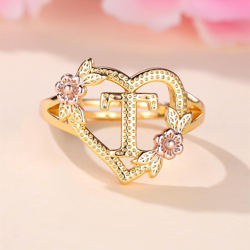 

Кольца с инициалами и цветком в форме сердца, регулируемые нежные кольца с буквами и листьями золотого цвета для женщин и девочек, ювелирные изделия с алфавитом T золотой