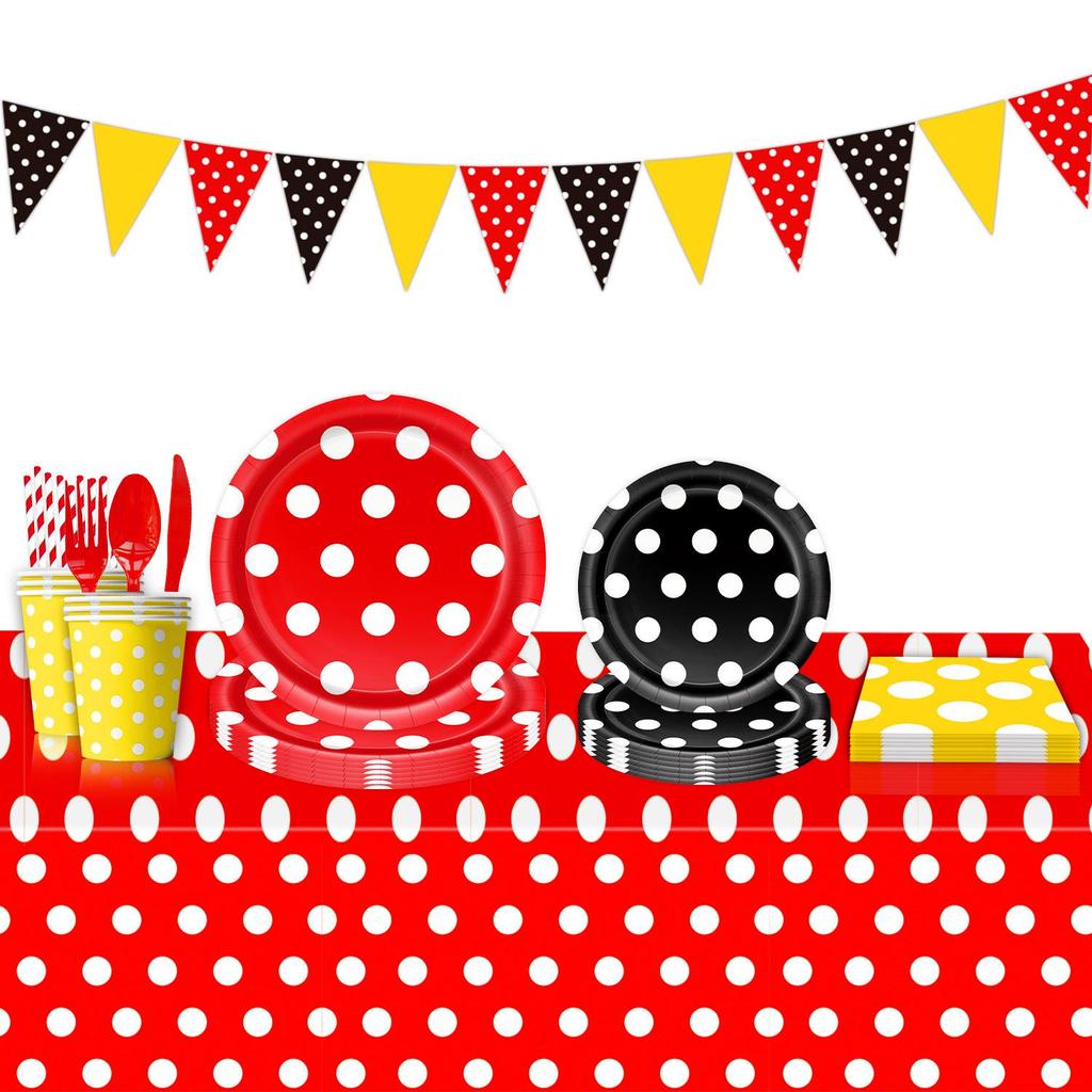 Cartoon Birthday Party Tableware Set: Black, Red, Yellow Polka Dot Plates & Napkins
