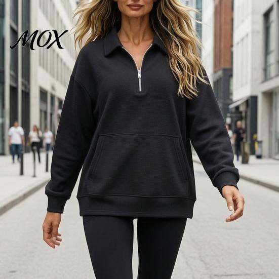 Women Waffle Sweatshirt Half-zip Sweatshirt, Long Sleeve Pullover Top with Kangaroo Skin Friendly Pocket, Loose Fit Casual Lapel for Fall Winter