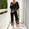 Women's V-Neck Print Long Sleeve Hooded Pajama Set with Pockets, Loose Fit Casual Wear