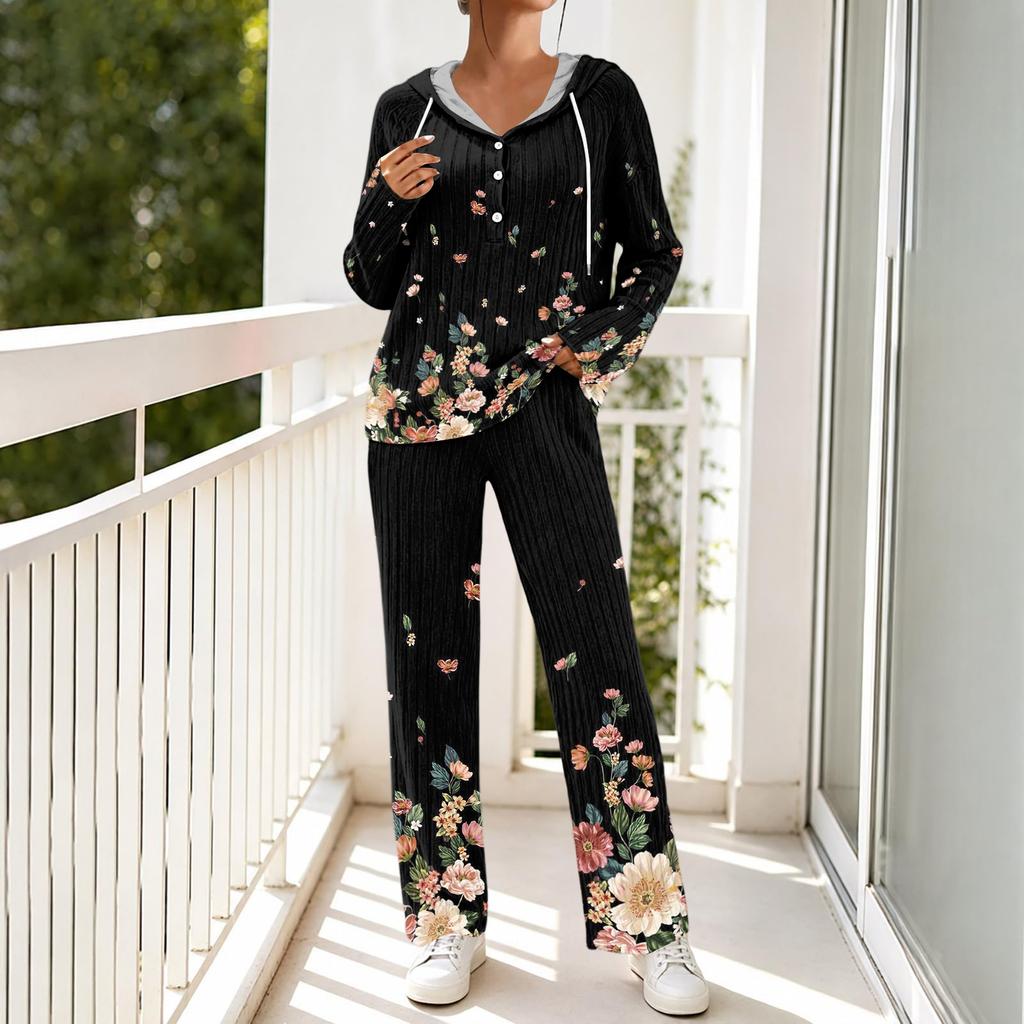 Women's V-Neck Print Long Sleeve Hooded Pajama Set with Pockets, Loose Fit Casual Wear