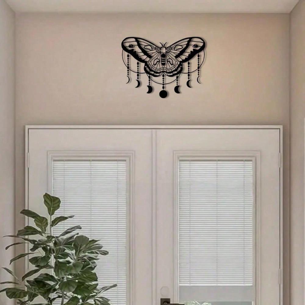 1pc Moth Moon Metal Wall Decor, Witch's Magic Atmosphere, Halloween Decoration Art, Combination Of Moon Phases And Moth Design