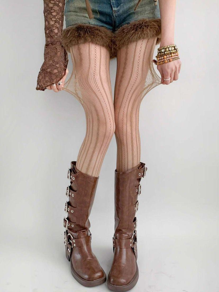 

«Сексуальные сетчатые полосатые брюки и черные чулки с отверстиями Y2K» Basic Package света кофе