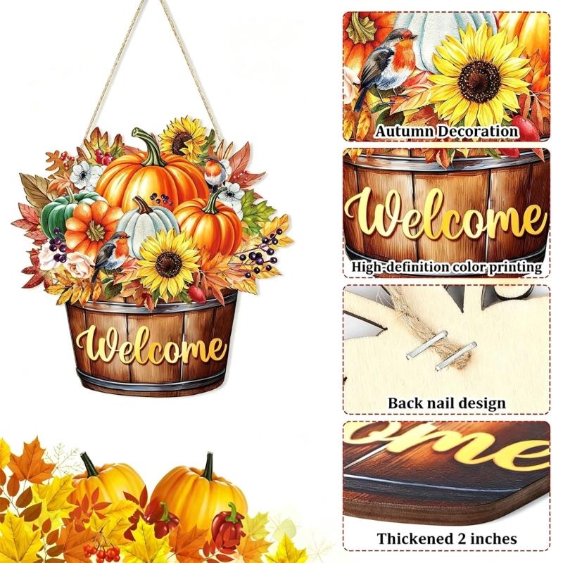 Fall Door Sign Wooden Autumn Pumpkins Door Hangers Maple Wall Decors for Outdoor Porch Wall Fall Harvest Hanging Decorations