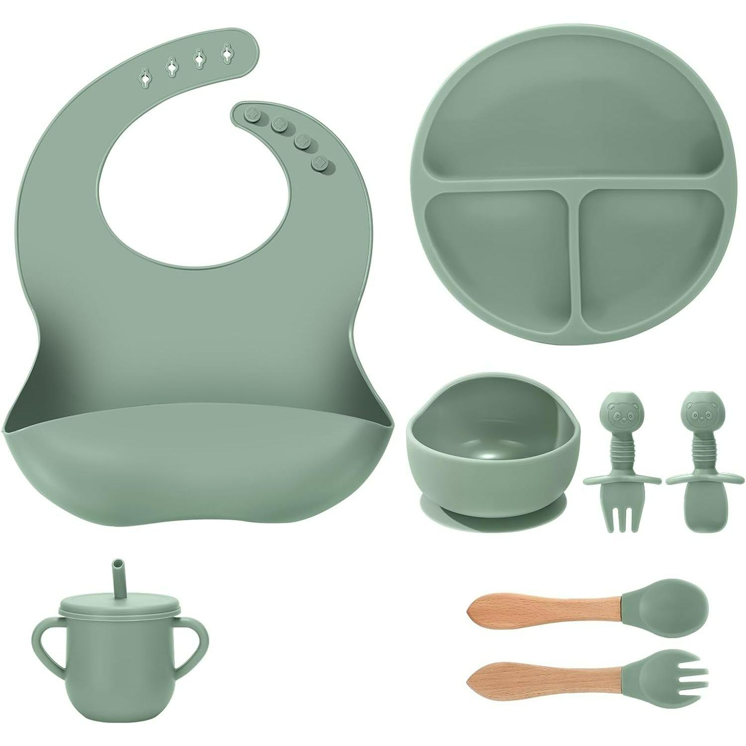 Silikon Baby-Essensset 8 Teile, Auslaufsichere Saugplatte, Schüssel, Lätzchen, Silikonlöffel & Gabeln, Holzlöffel & Gabeln, Strohhalm und Trinkbecher, Baby-Essen grün