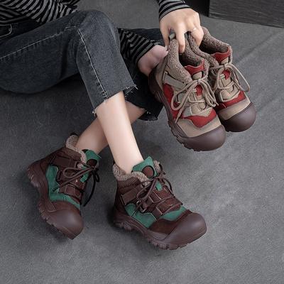 Scarpe da donna in cotone caldo con suola spessa, in vera pelle, con lacci, colori misti