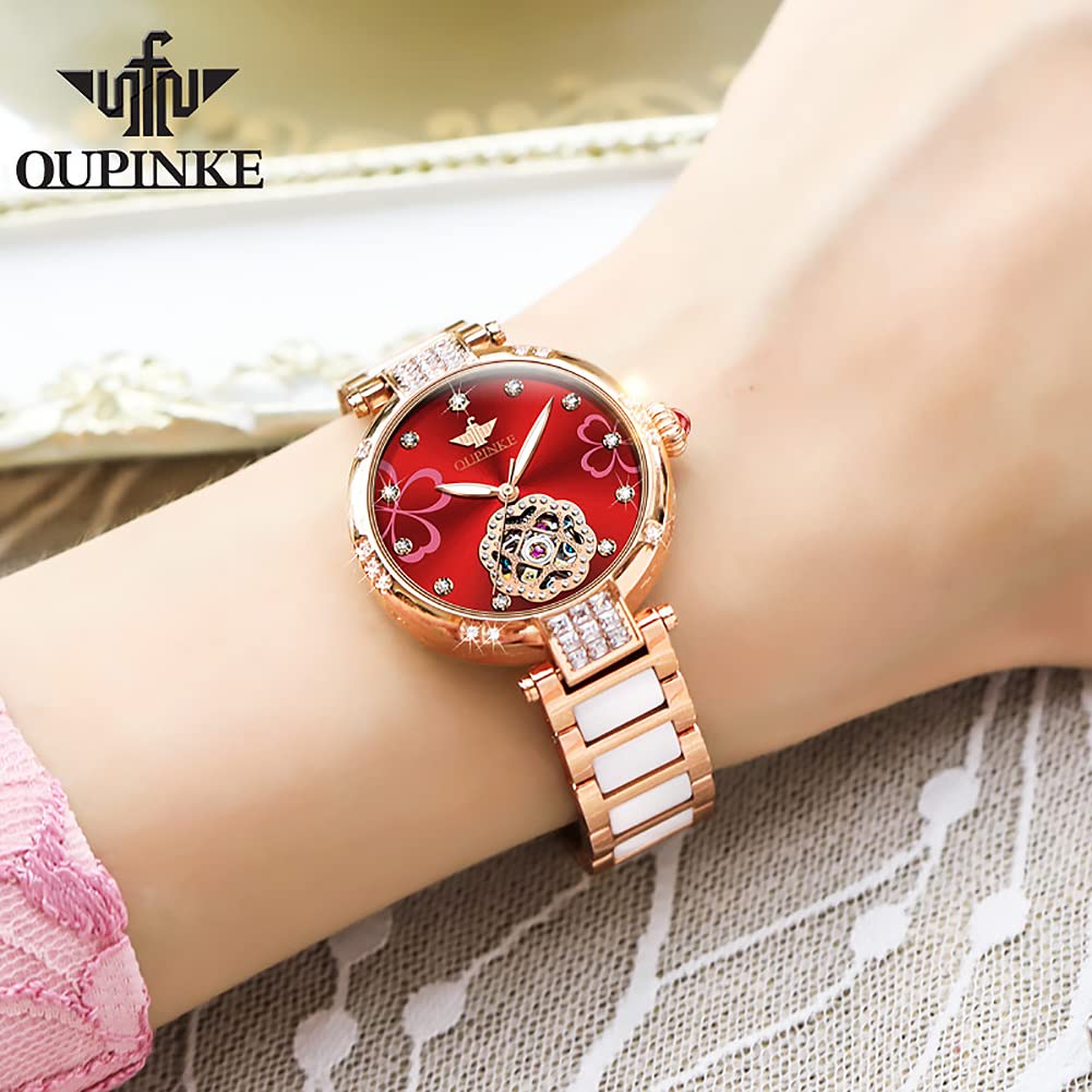 OUPINKE Women's Automatic Mechanical Watch with Japanese Movement, Ceramic Strap, High-Quality Stainless Steel, 5 ATM Water Resistance, Red