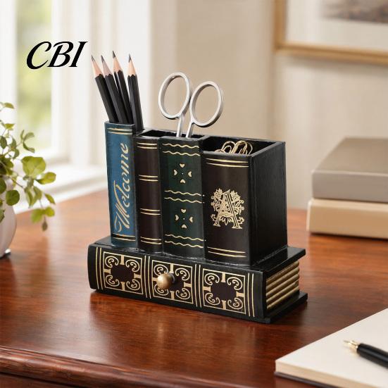 British Style Desk Accessory Wooden Book-Shaped Pen Holder, Retro Organizer with Drawer, Holder Creative Storage Container for Pens Notes Paper Clips