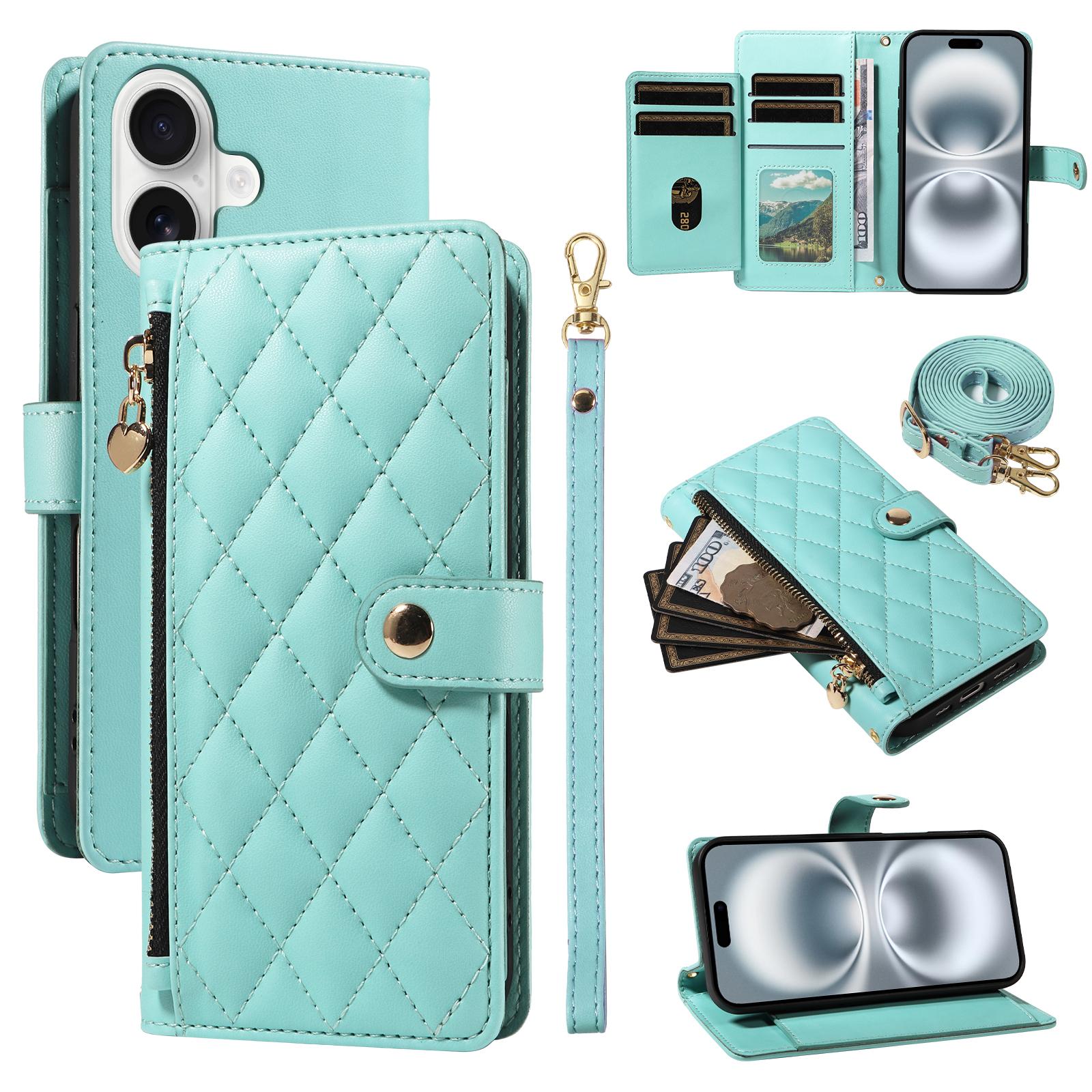 

For iPhone 16 Wallet Case with Straps, Rhombus Leather Stand Phone Cover B
