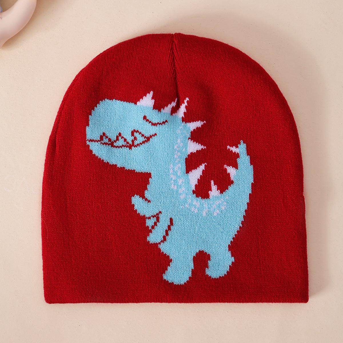 Autumn And Winter Children S Knitted Hats, Boys And Girls Baby Dinosaur Jacquard Hats, Winter Cold-Proof And Warm Wool Hats красный