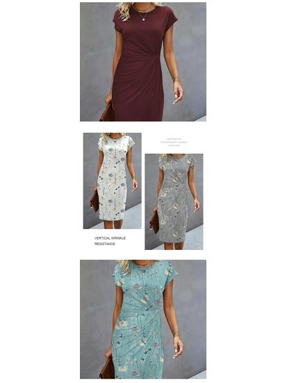 Women's Casual Bodycon Midi Dress with Front Knot and Round Neck